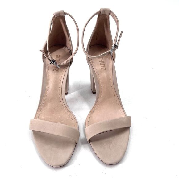 SCHUTZ Jenny Lee Beige Leather Ankle Strap Block Heel Open Toe Heels - Picture 2 of 9